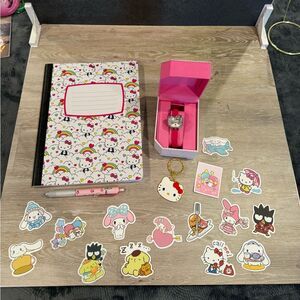Hello Kitty Watch Set Notebook, Pen, Keychain, Stickers NEW